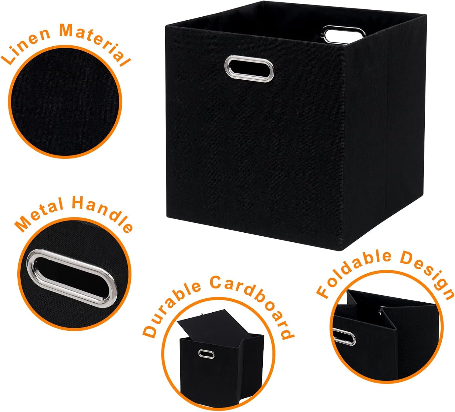 Jermichoc Contenedores de almacenamiento de cubos de 13 x 13 x 13 pulgadas, paquete de 4 canastas plegables de tela de lino con mango de metal para