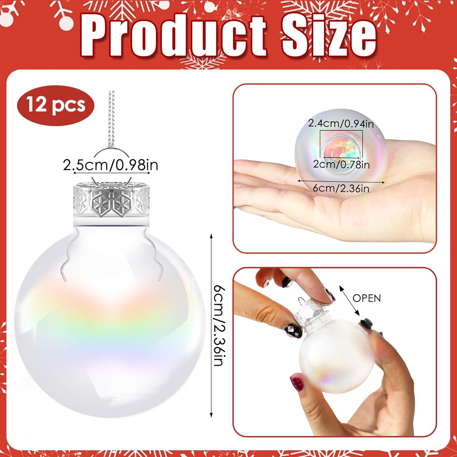 12 adornos de bolas de Navidad iridiscentes, bolas de adorno rellenables de plástico transparente de 2.36 pulgadas, bolas colgantes rellenables para
