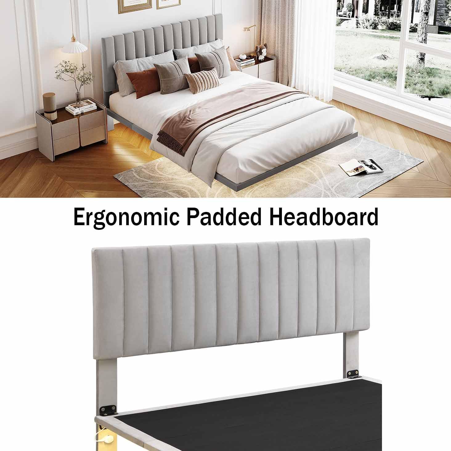 Base de cama flotante Queen con luz LED  cabecero, base de cama moderna de tela de terciopelo, base de colchón, soporte de listones de madera, no