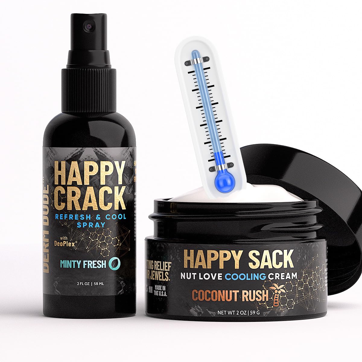 Derm Dude Happy Sack & Crack Power Pair, crema antirozaduras de bolas, aerosol neutralizador de olores a topes, no más picazón de tirolesa,