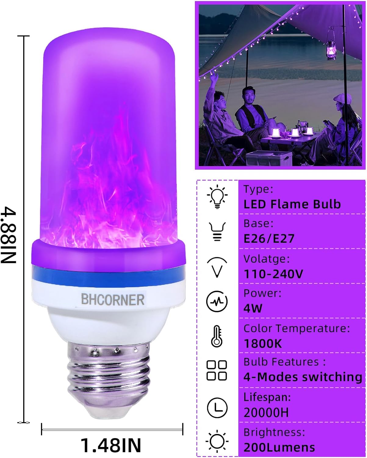 BHCORNER Bombillas LED más pequeñas de llama morada, bombillas decorativas de Halloween, base E26E27, bombillas parpadeantes moradas navideñas para