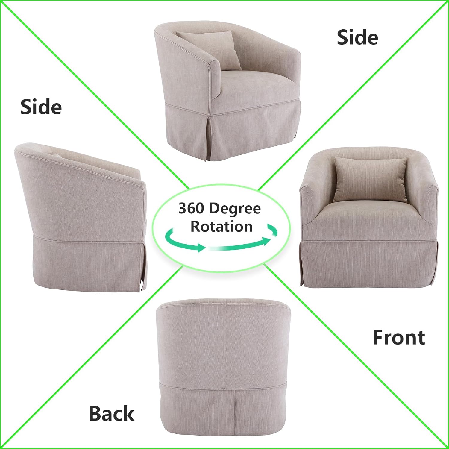 ODUWA Sillón giratorio con acento, tapizado de lino de 360 grados con falda, moderno y cómodo sillón redondo con base de metal y 1 almohada para