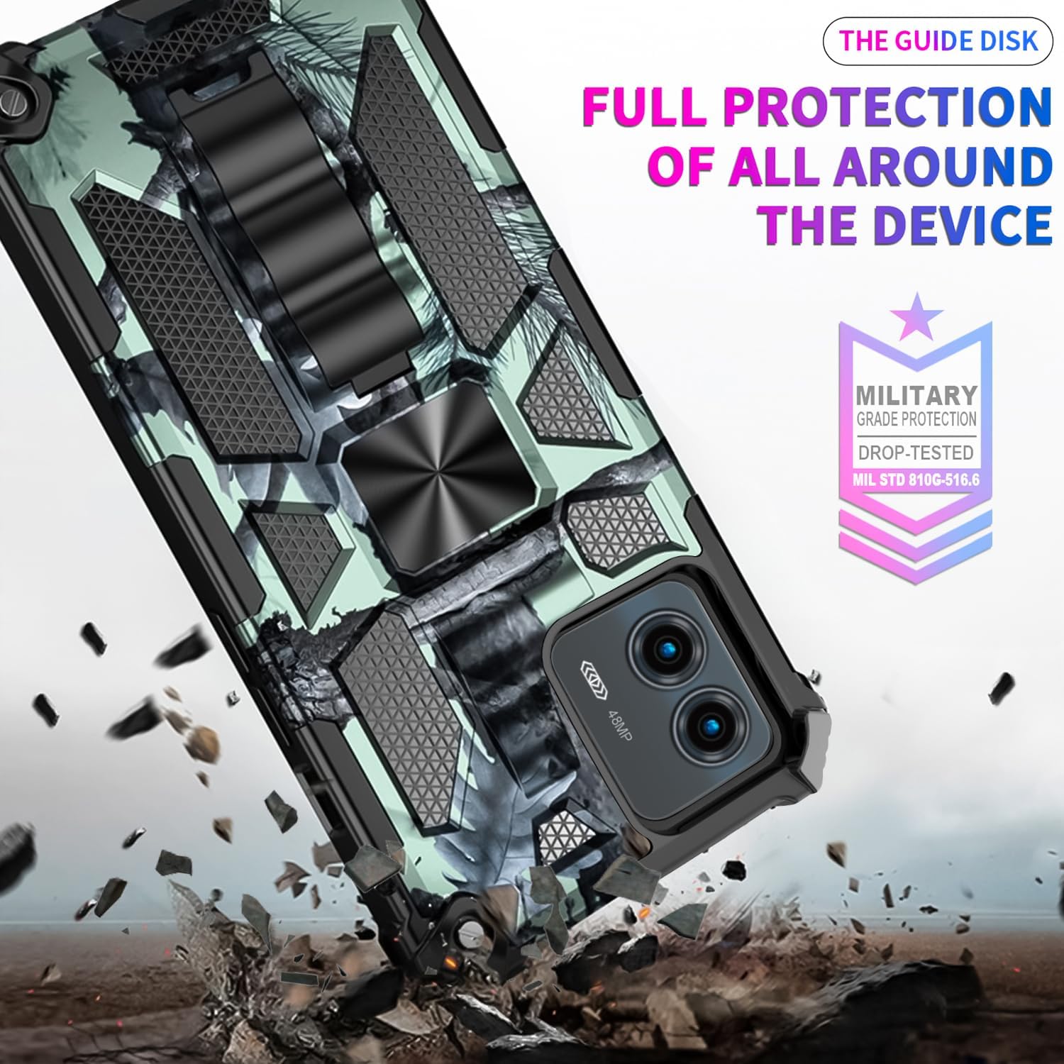 Funda para Motorola G 5G 2023, con 2 protectores de pantalla de vidrio templado, grado militar, soporte con soporte magnético para automóvil, funda