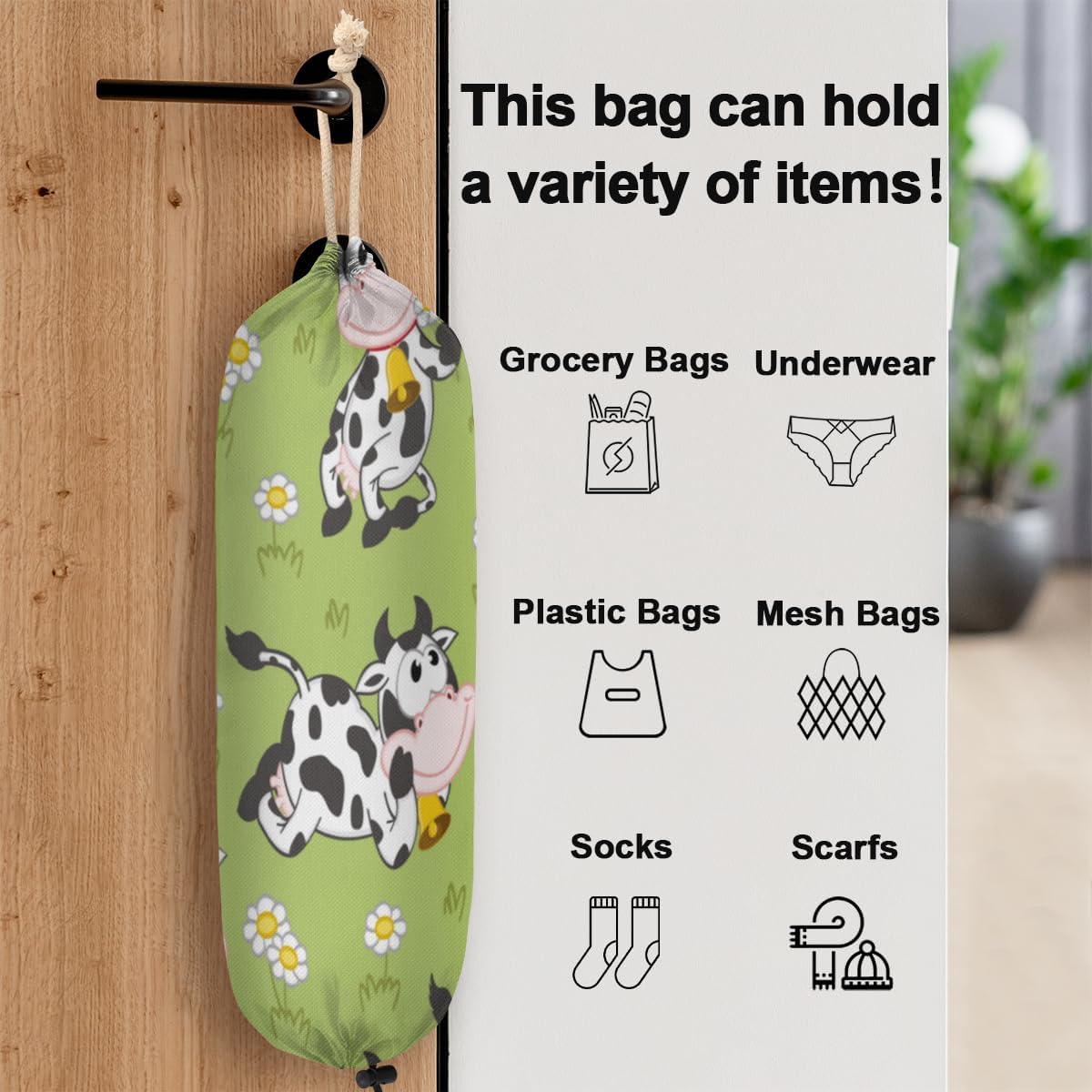 Soporte para bolsas de plástico y dispensador, organizador de bolsas de compras para vacas y pastos, organizador de bolsas de comestibles,