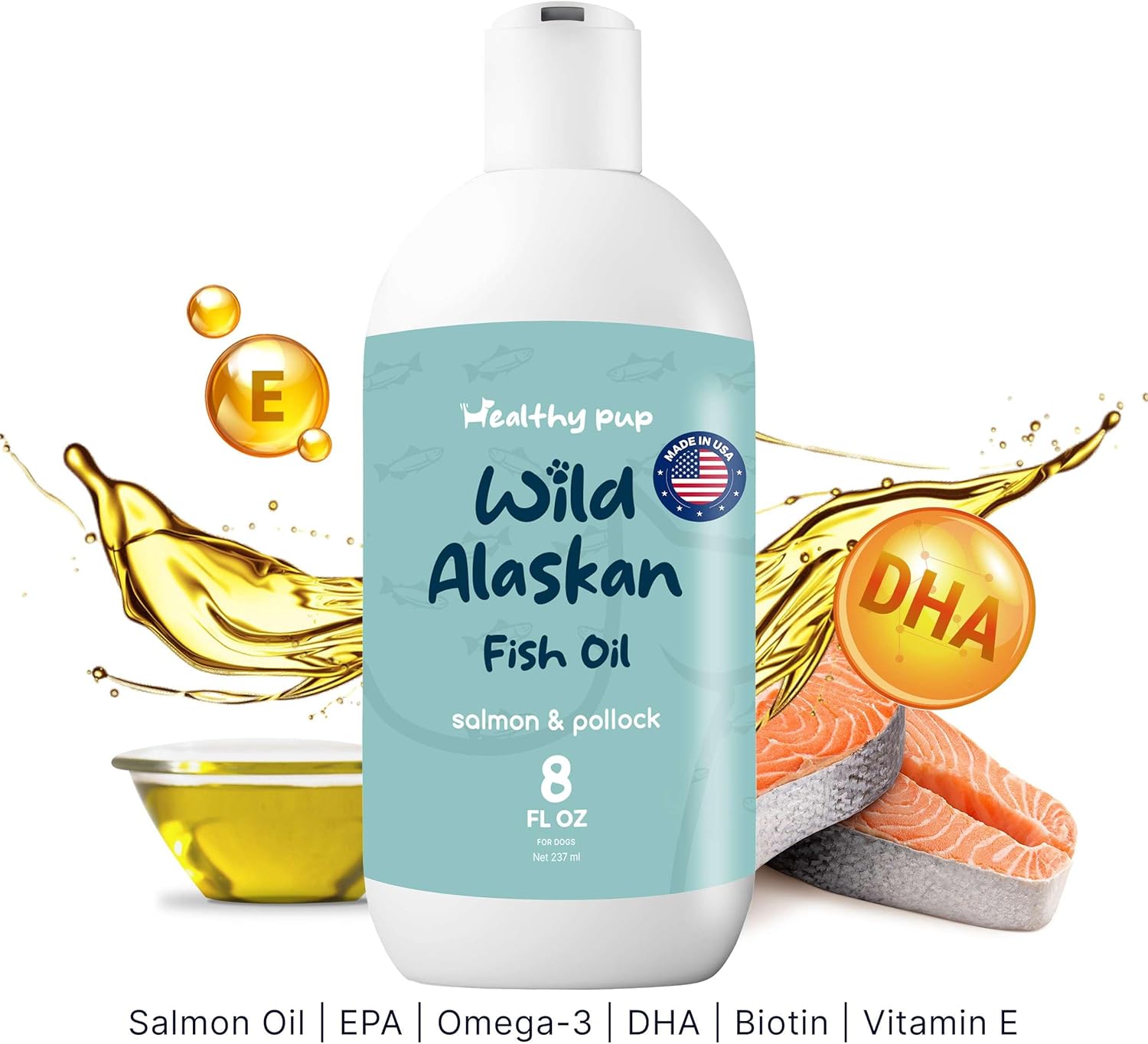 Aceite de salmón salvaje de Alaska para perros con aceite de abadejo, 8 onzas de aceite de abadejo y salmón, aceite de pescado Omega 3, EPA y DHA,