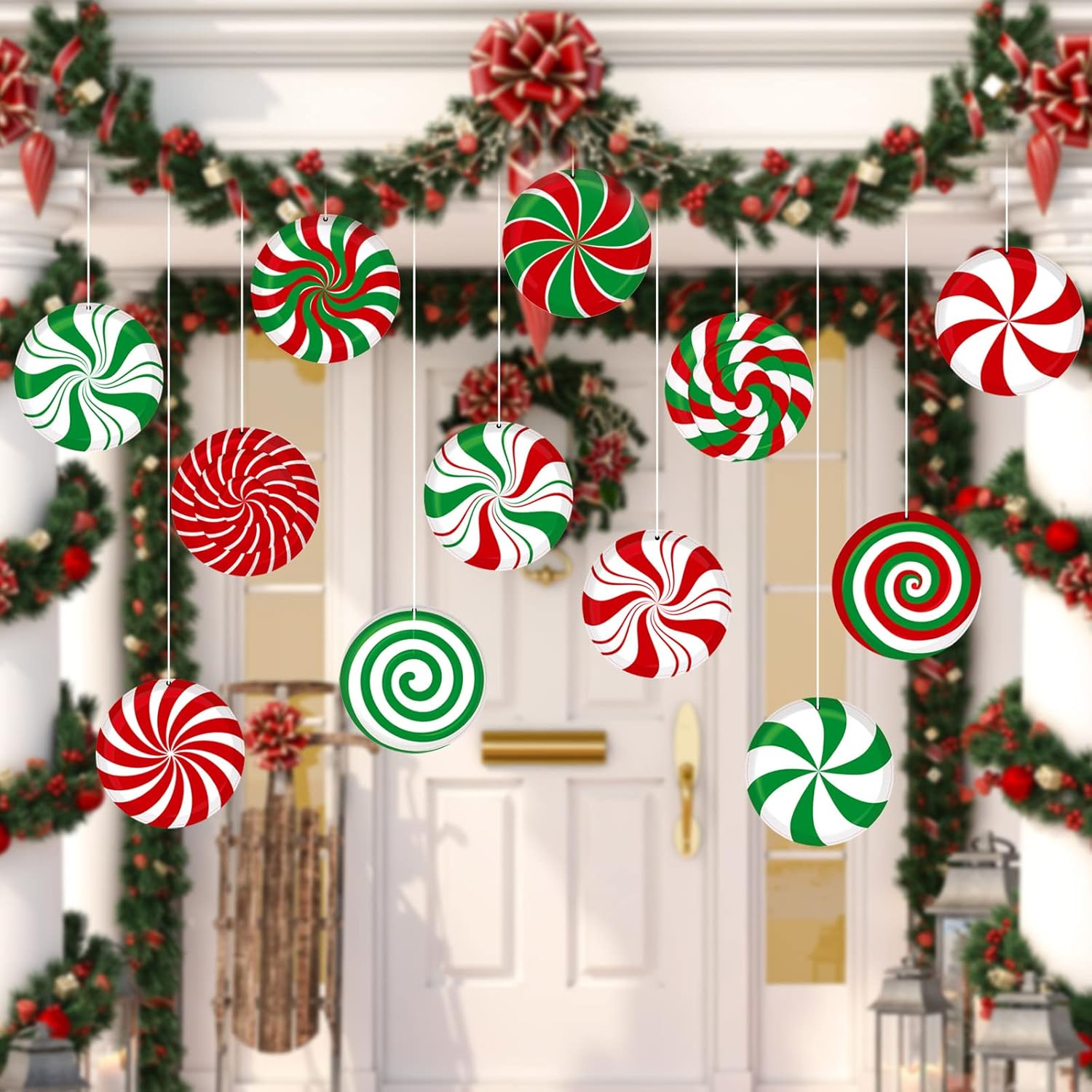 12 adornos grandes de caramelo de Navidad de 7 pulgadas, decoración de piruletas de menta, adorno colgante de bastón de caramelo para árbol de