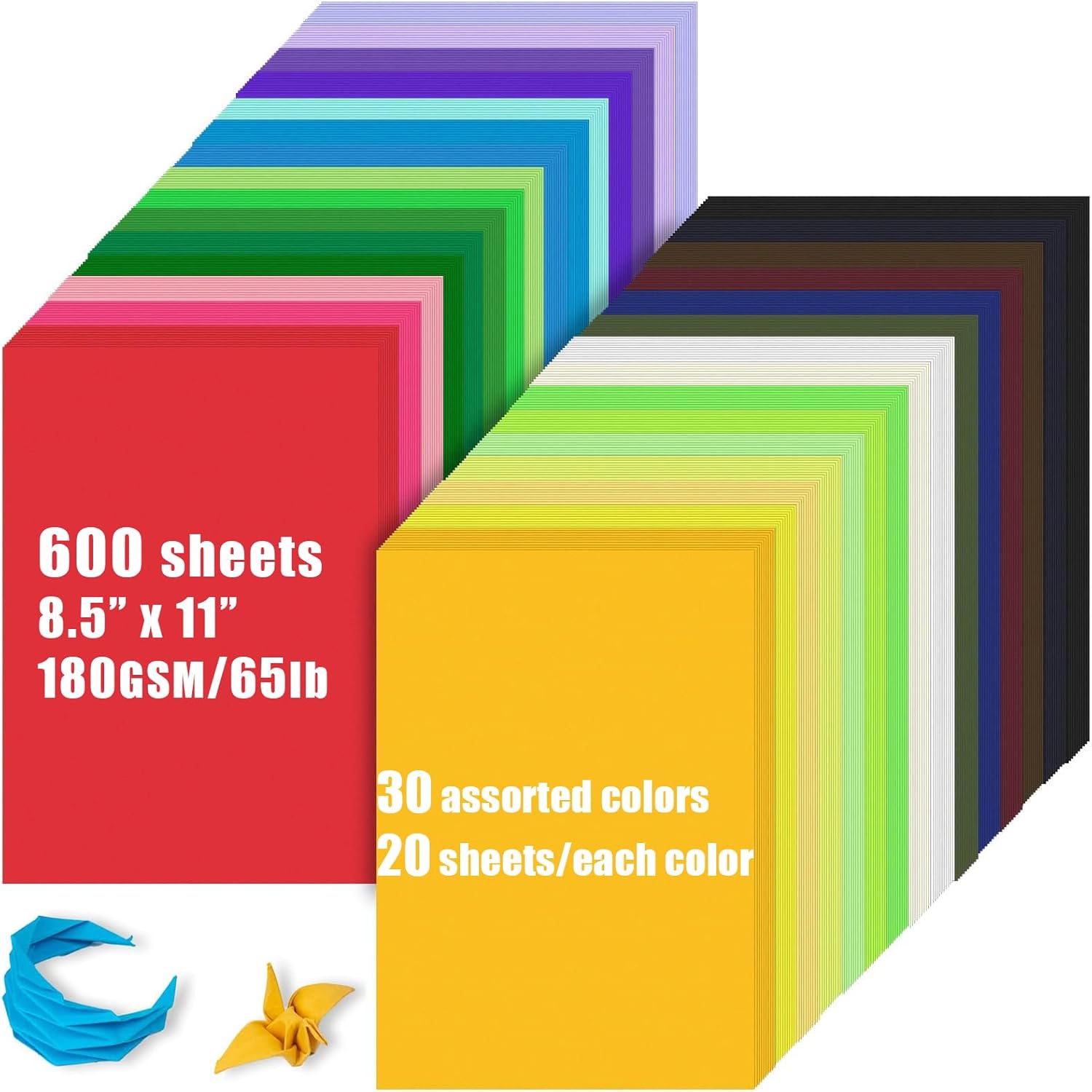 Cartulina de colores a granel, 600 hojas, papel de cartulina de 8.5 x 11 pulgadas, 30 colores surtidos, papel de construcción de tarjetas de 180