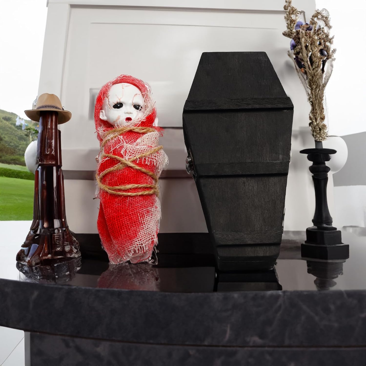 Decoración de Halloween esencial ataúd de madera pintada en negro, mini caja de ataúd de vampiro, muñeca fantasma, kit de bricolaje para crear tu