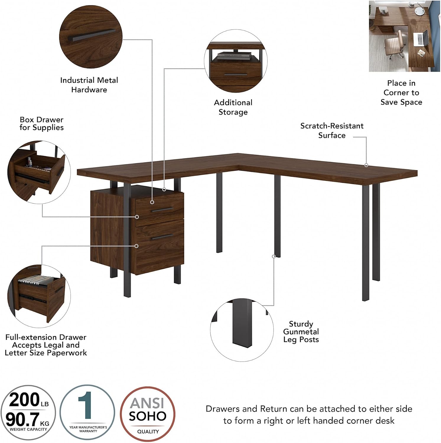 Bush Furniture Architect – Escritorio en forma de L con archivador lateral y estantería de 4 estantes, 60 W, nogal moderno