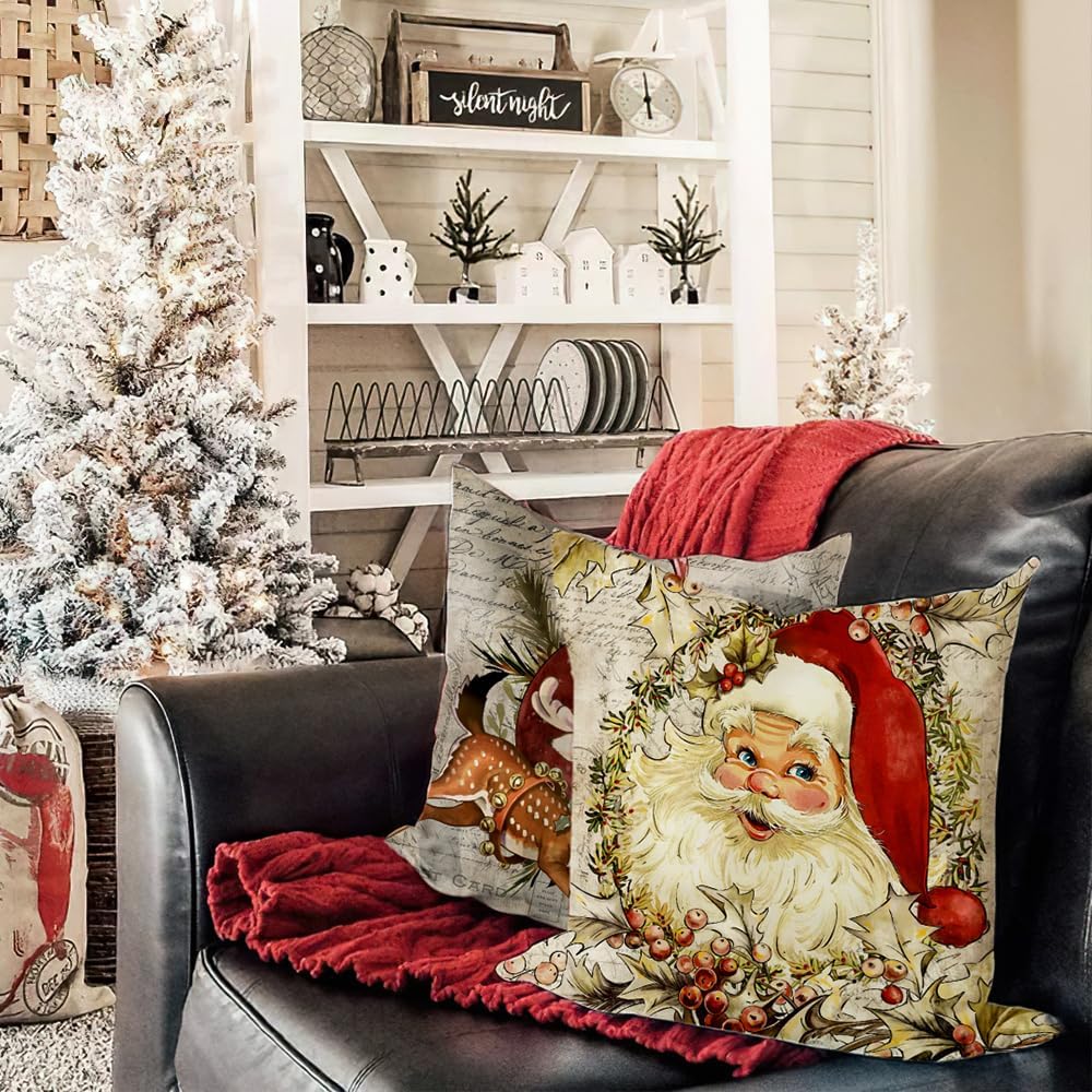 DFXSZ Juego de 4 fundas de almohada de Navidad de 20 x 20 pulgadas, diseño de reno, muñeco de nieve de Papá Noel, diseño vintage, decoración retro