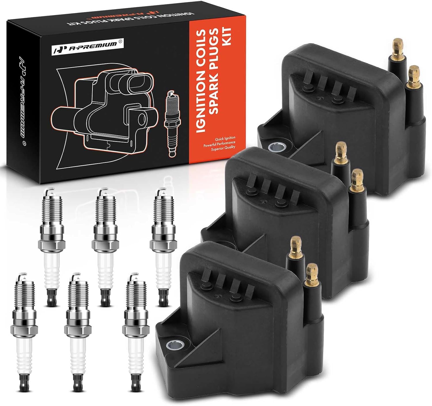 A-Premium Paquete de 3 bobinas de encendido (negro) y 6 bujías de iridio compatibles con Chevrolet Malibu Impala Venture Buick LaCrosse Cadillac