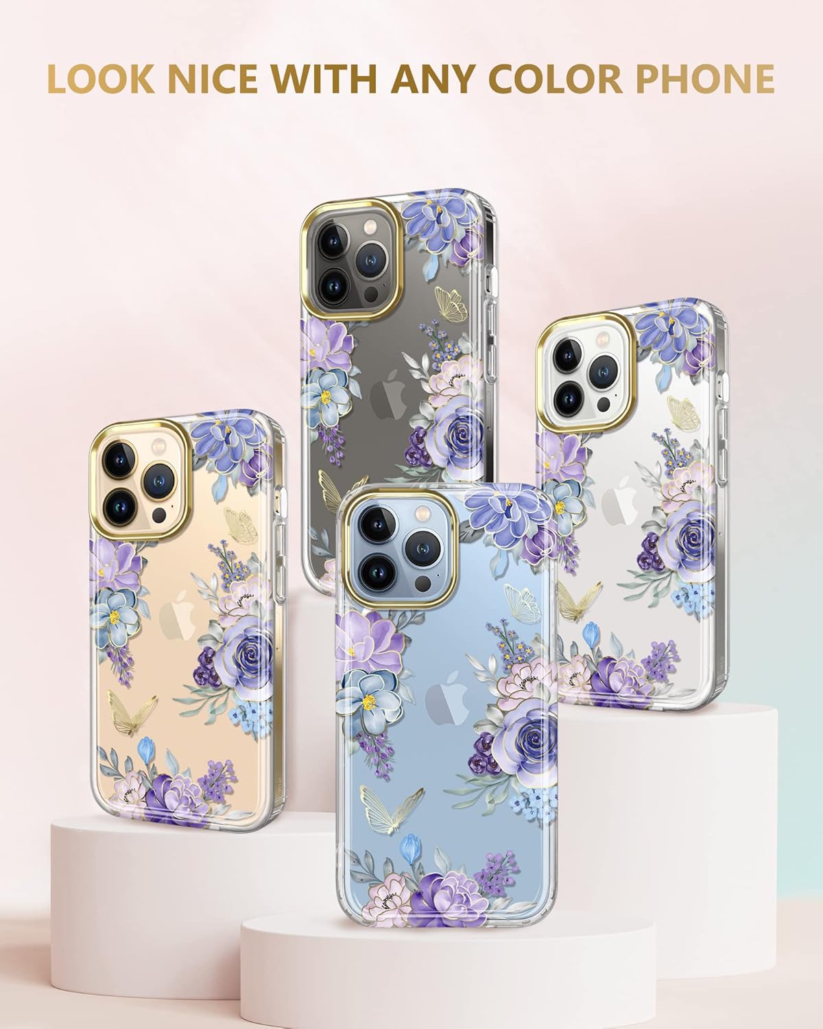 JIAXIUFEN Funda transparente compatible con iPhone 12 Pro iPhone 12 con purpurina y diseño de flores protectoras, a prueba de golpes, delgada, de