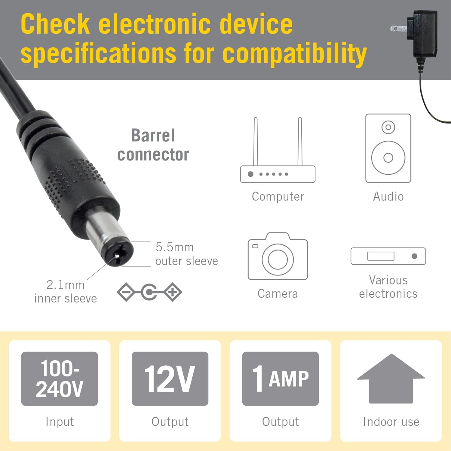 Armacost Lighting 12V 12W 1 Amp Adaptador de fuente de alimentación Transformador AC 100V-120V con conector de salida DC de 0.217×0.083 in