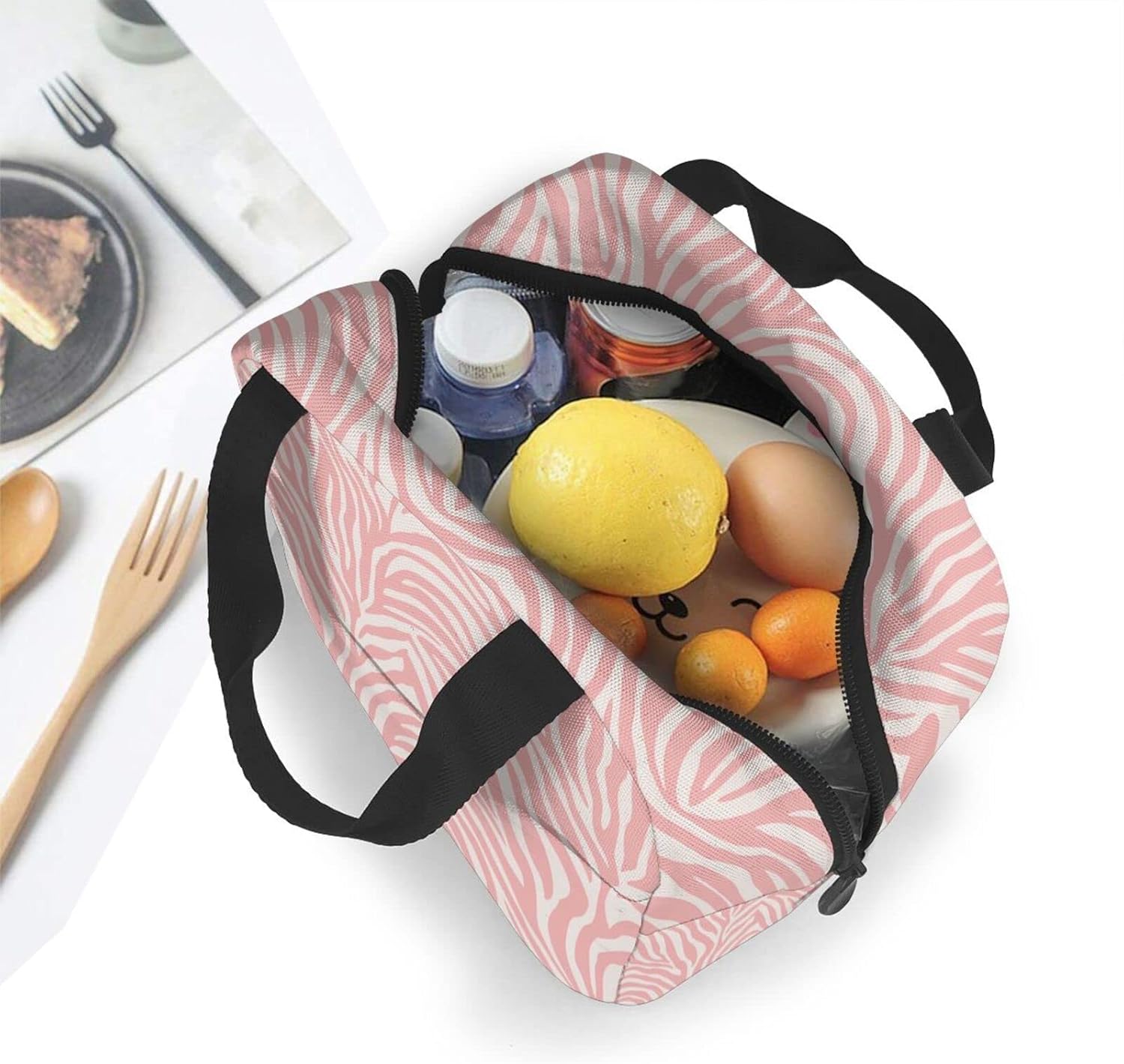 Bolsa de almuerzo portátil con estampado animal de cebra rosa para mujeres y hombres, bolsa de almuerzo reutilizable para