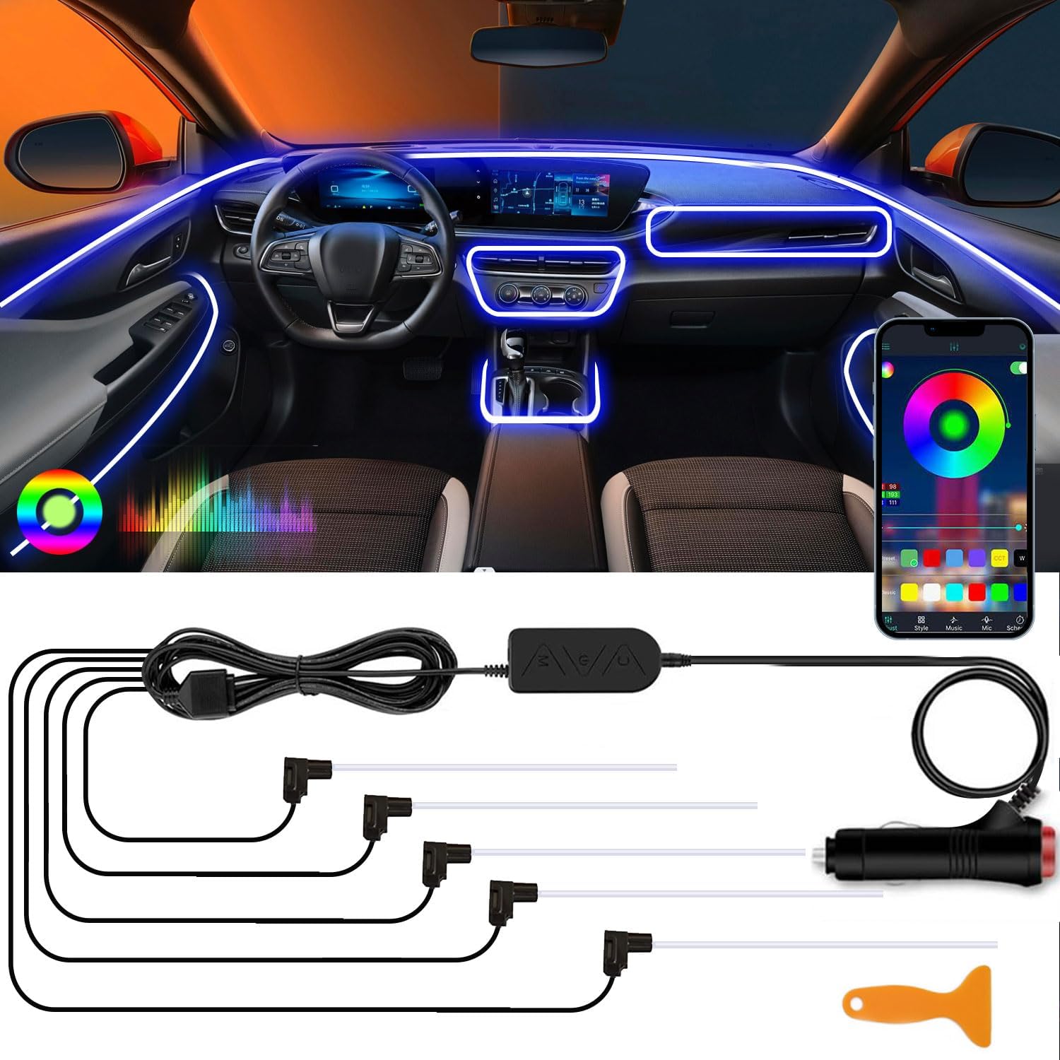 Nueva actualizaciónTira de luces LED para interior de automóvil, aplicación de luz LED RGB para interior de automóvil y control remoto, modo de