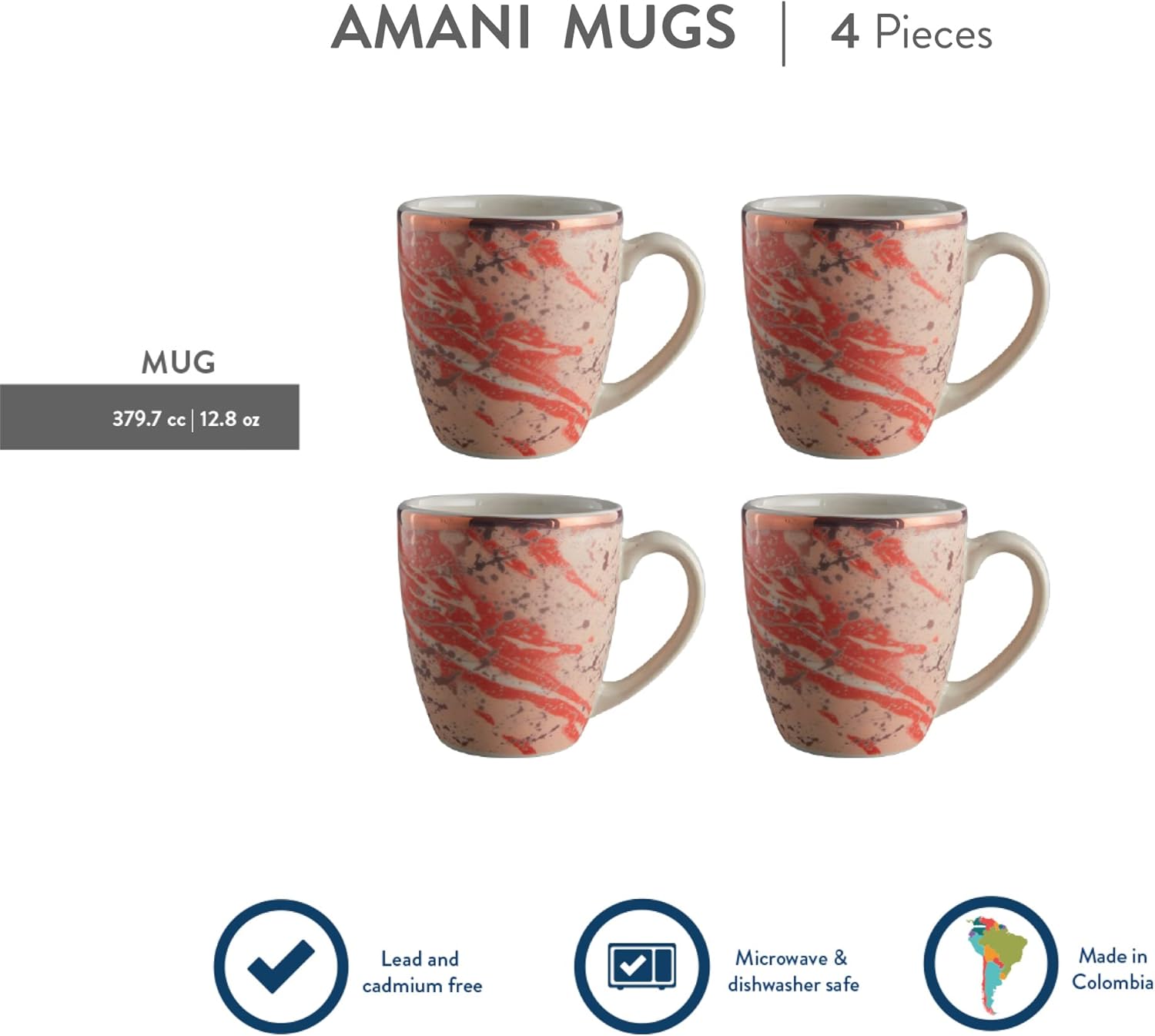 Juego de 4 tazas Corona  Perfecto para los amantes del café y el té  Amani 12.8 oz – 380cc  Cerámica  Decoración de oro rosa