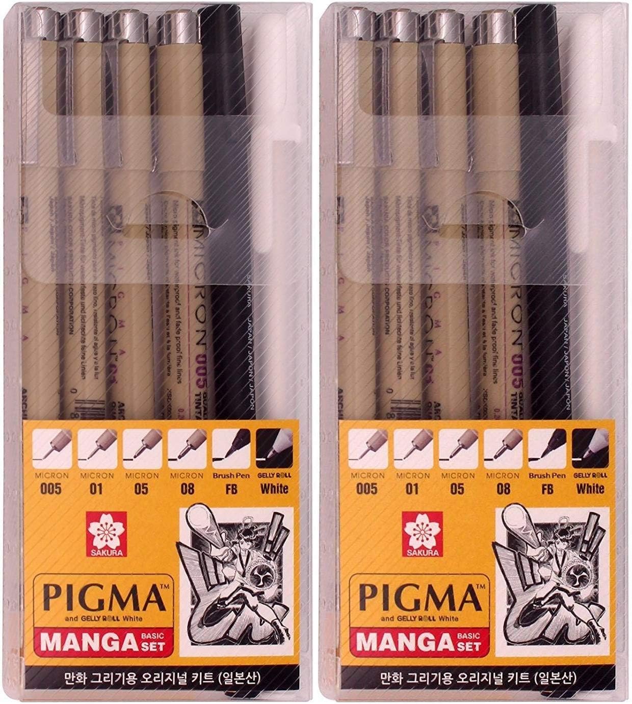 Sakura Pigma Manga Basic Set (005, 01, 05, 08, FB, Blanco), paquete de 2