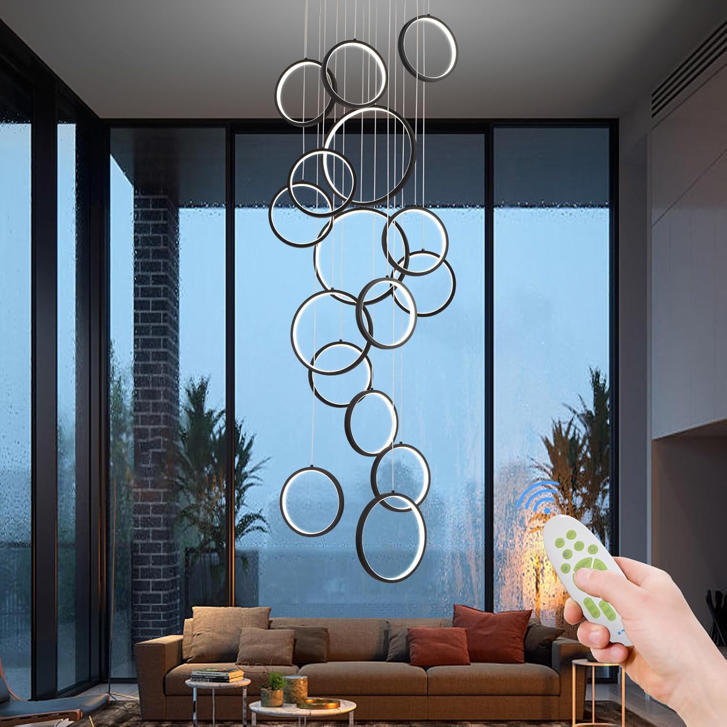 Modern Chandelier,Dimmable Black Chandelier with Remote Control 16 Rings Pendant Light Adjustable Height Hanging High Ceiling Light Fixture,for