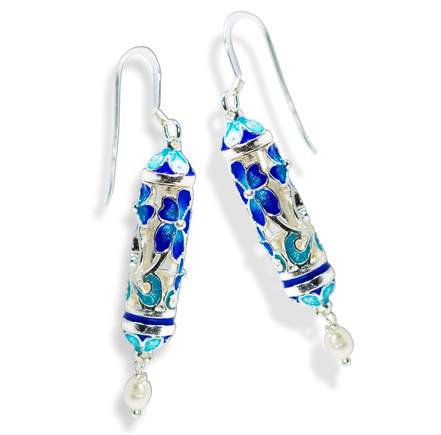 925 Sterling Silver Flower Earrings Freshwater Pearls Jewelry for Women Blue Enamel Long Earrings on Hook