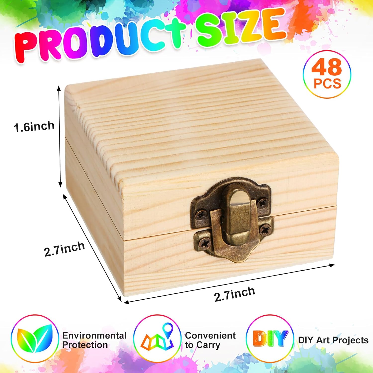 Sintuff Paquete de 48 cajas pequeñas de madera sin terminar para manualidades de 2.7 x 2.7 x 1.6 pulgadas, baúl del tesoro con cierre de tapas con