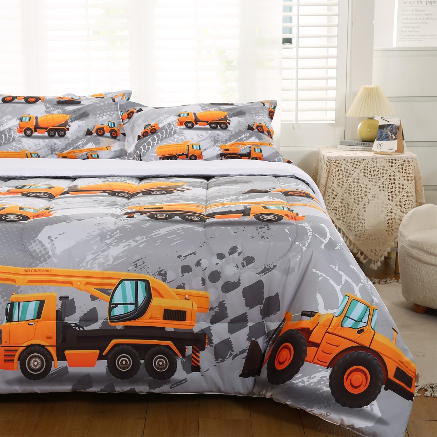 Juego de edredón de construcción para niños con diseño de camión excavadora, ropa de cama de construcción tamaño queen, edredón de camión de dibujos
