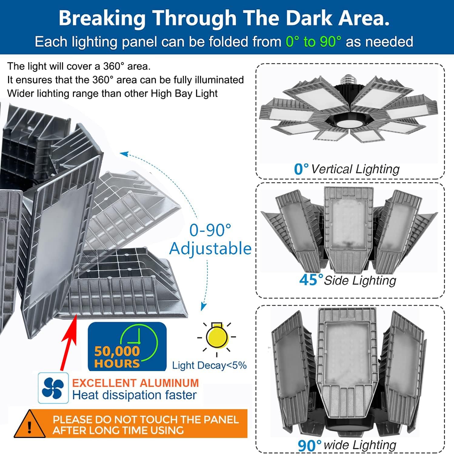 Luz LED de alta bahía para tienda, 8 paneles de luces LED de garaje de 300 W con adaptación E26 a E39, 36000 lm de alto brillo, ideal para almacén,