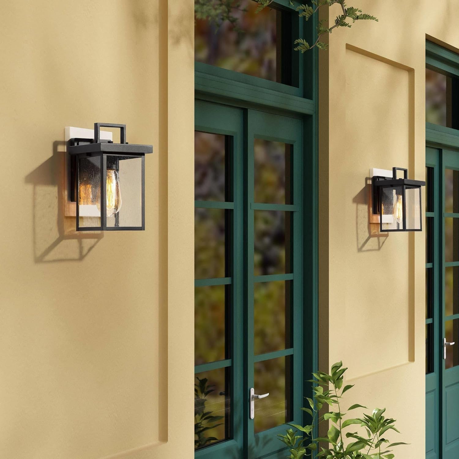 Durent Lighting Luces de pared negras para exteriores, apliques de pared exterior con vidrio semillado, faroles impermeables y antioxidantes para