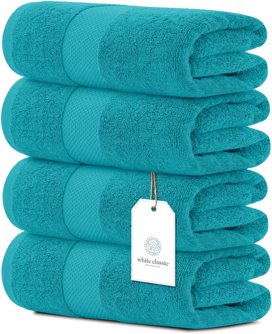 White Classic Juego de 4 toallas de baño de lujo de algodón ultra suaves de 27 x 54 pulgadas, altamente absorbentes y de secado rápido, toallas de