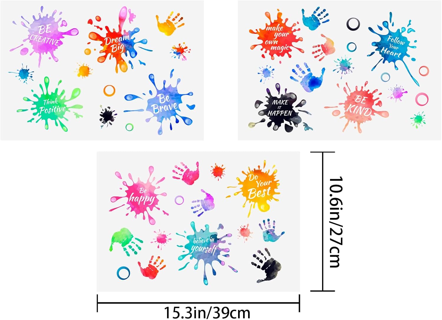 3 hojas coloridas de huellas de manos salpicadas de pintura, citas inspiradoras, calcomanías de pared extraíbles de vinilo para despegar y pegar,