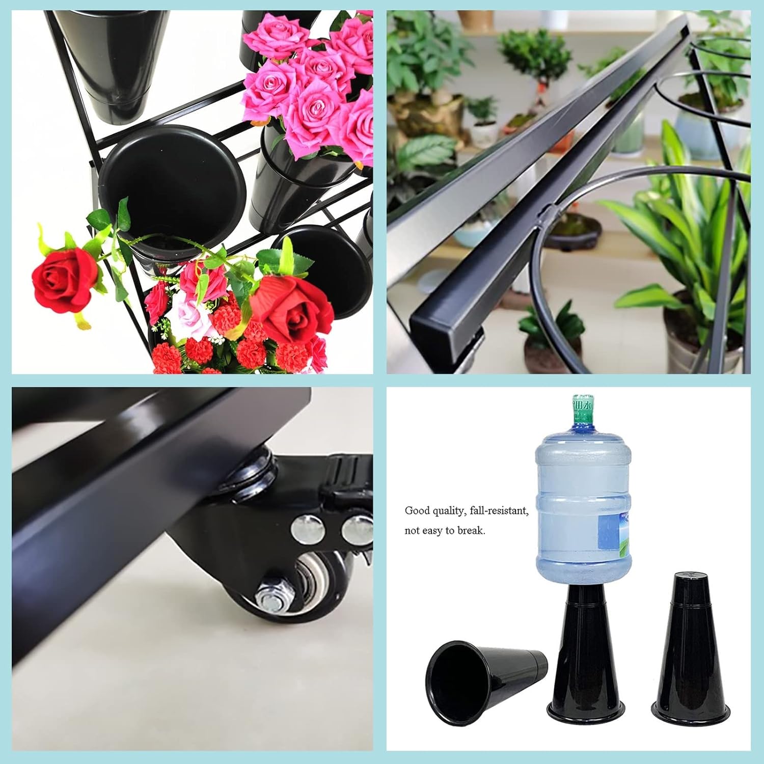 Soporte de exhibición de flores, estante móvil para carrito de plantas con ruedas, con cubos de plástico, fácil de instalar, soporte escalonado para