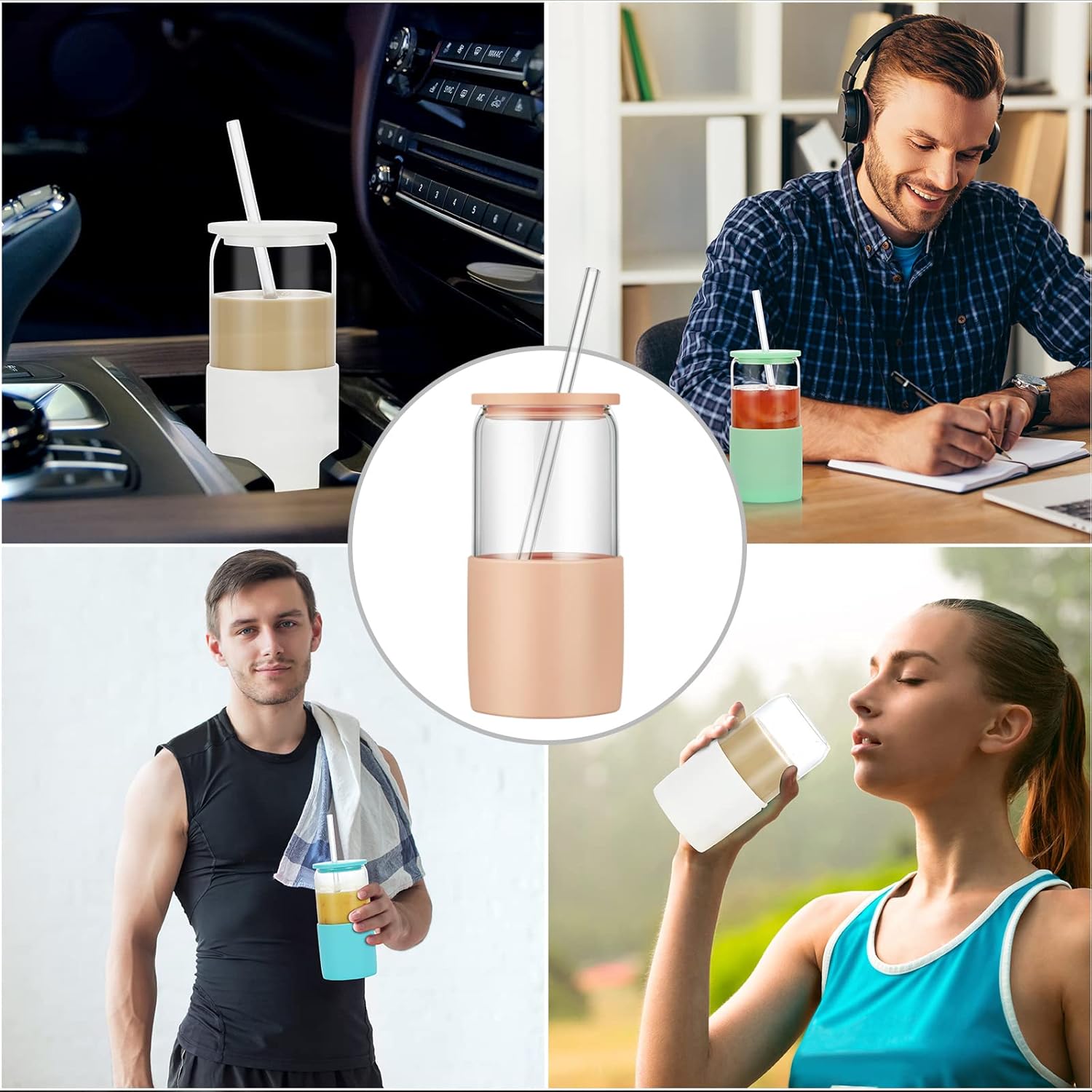 Sunseeke Vaso de vidrio con popote y tapa, taza de café helado de 16 onzas, cepillos de limpieza de fundas de silicona, vasos para agua, café