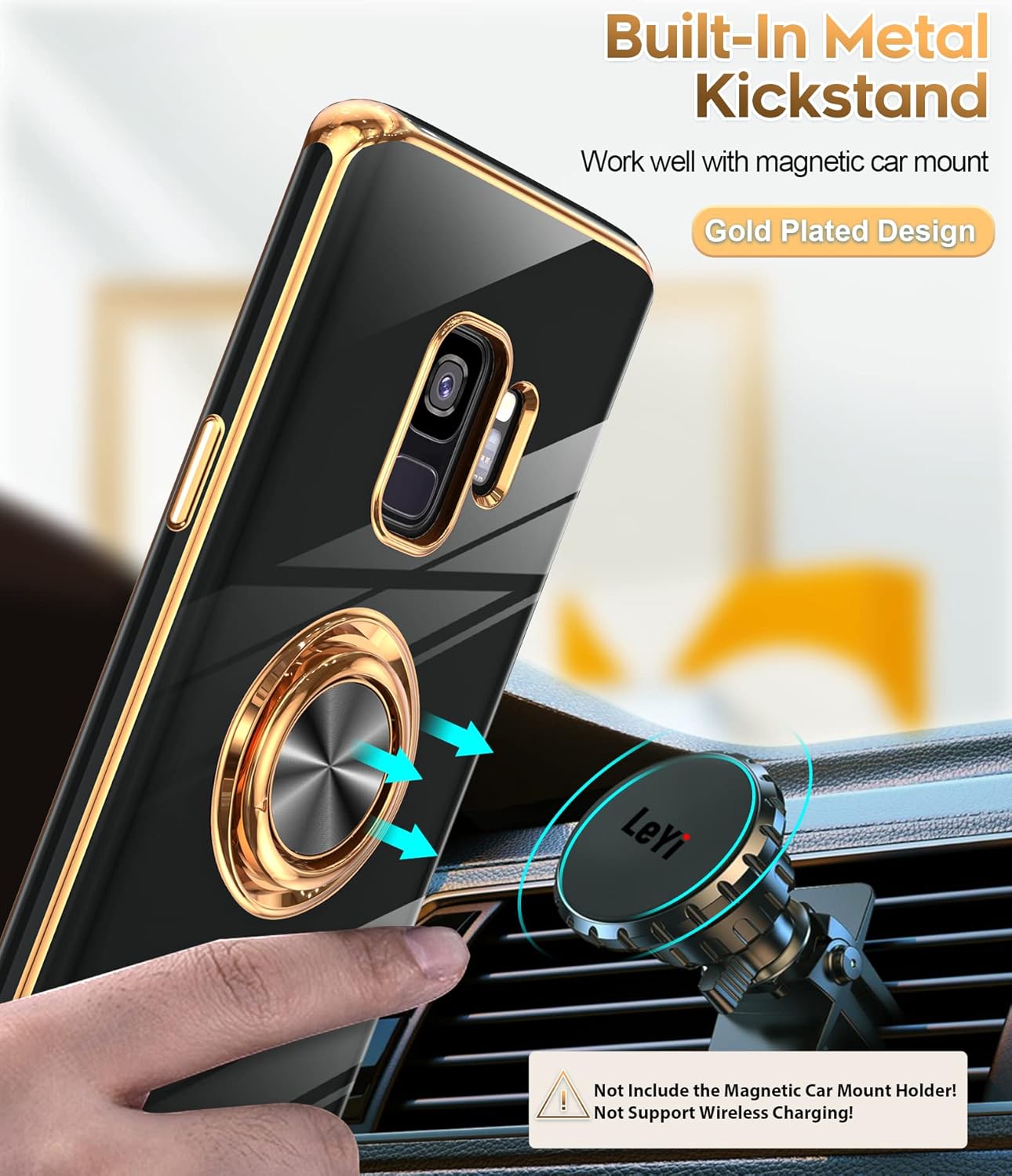 LeYi Funda para teléfono Samsung Galaxy S9 con soporte de anillo giratorio de 360, soporte magnético, chapado en oro rosa con borde protector para