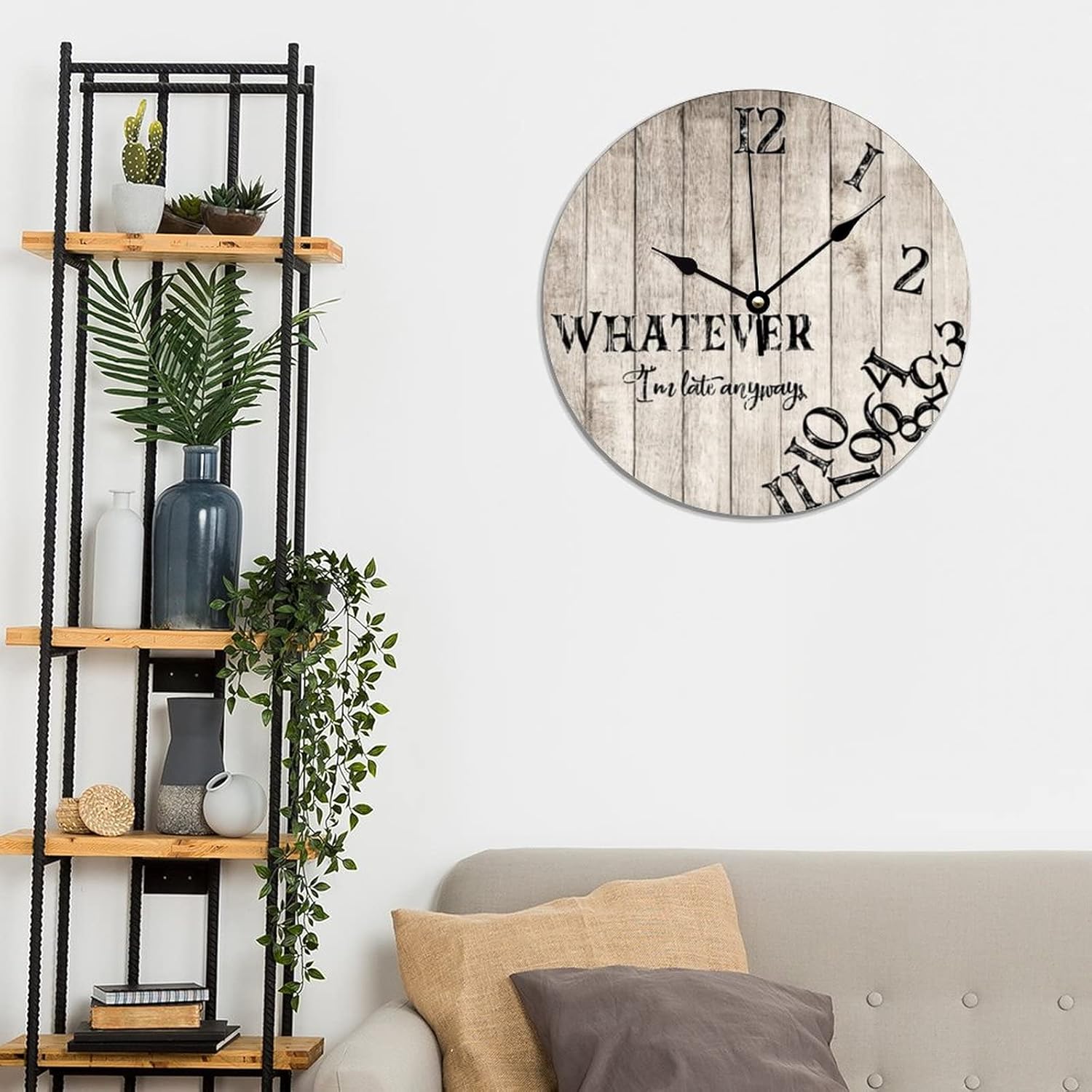 Reloj de pared con texto en inglés Whatever I’m Late Anyways para pared, rústico, envejecido, de grano de madera blanca, PVC, silencioso, sin