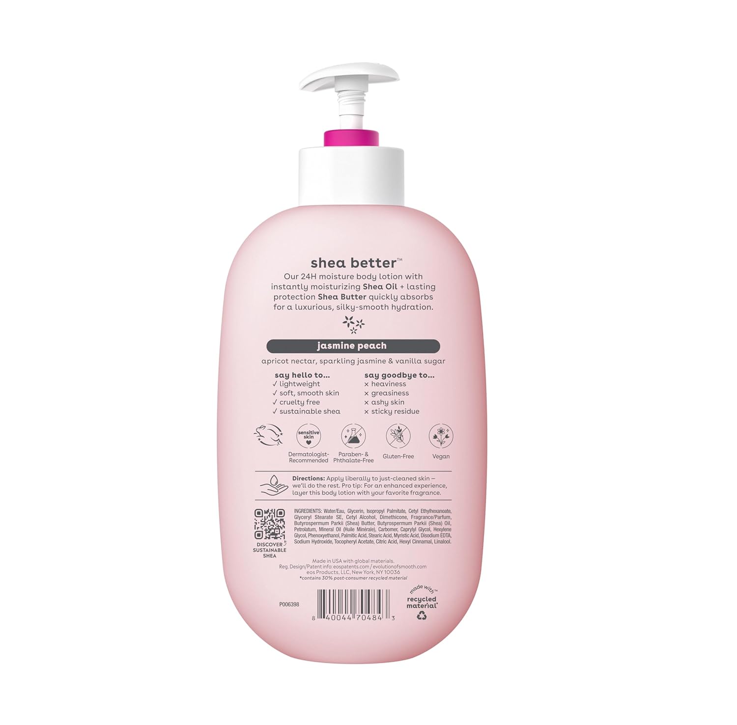 eos Loción corporal Shea Better – Jasmine Peach, cuidado de la piel con humedad las 24 horas, ligera y no grasosa, hecha con karité natural, vegano,