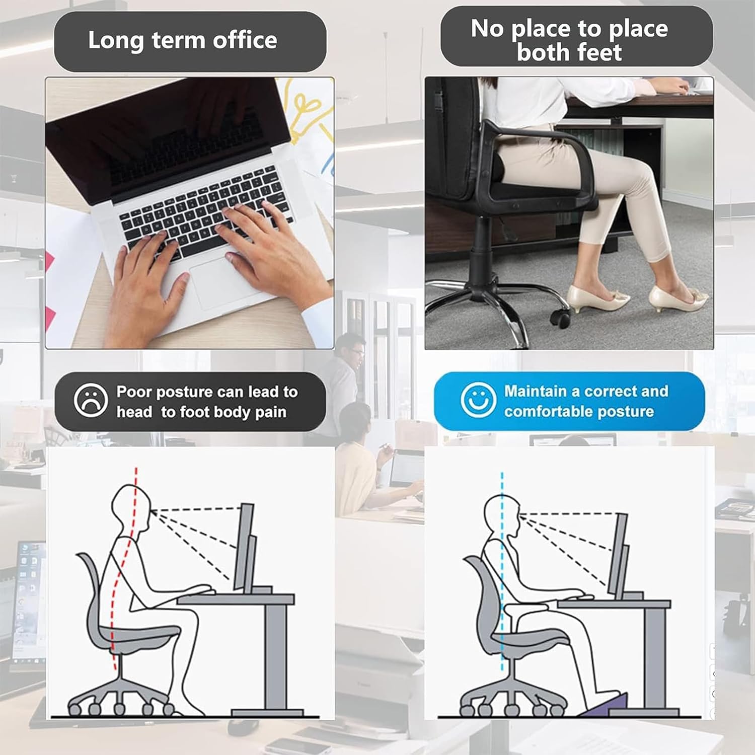 DISFAT Reposapiés para debajo del escritorio, reposapiés ergonómico ajustable de 6 alturas con rodillos de masaje, taburete portátil debajo del
