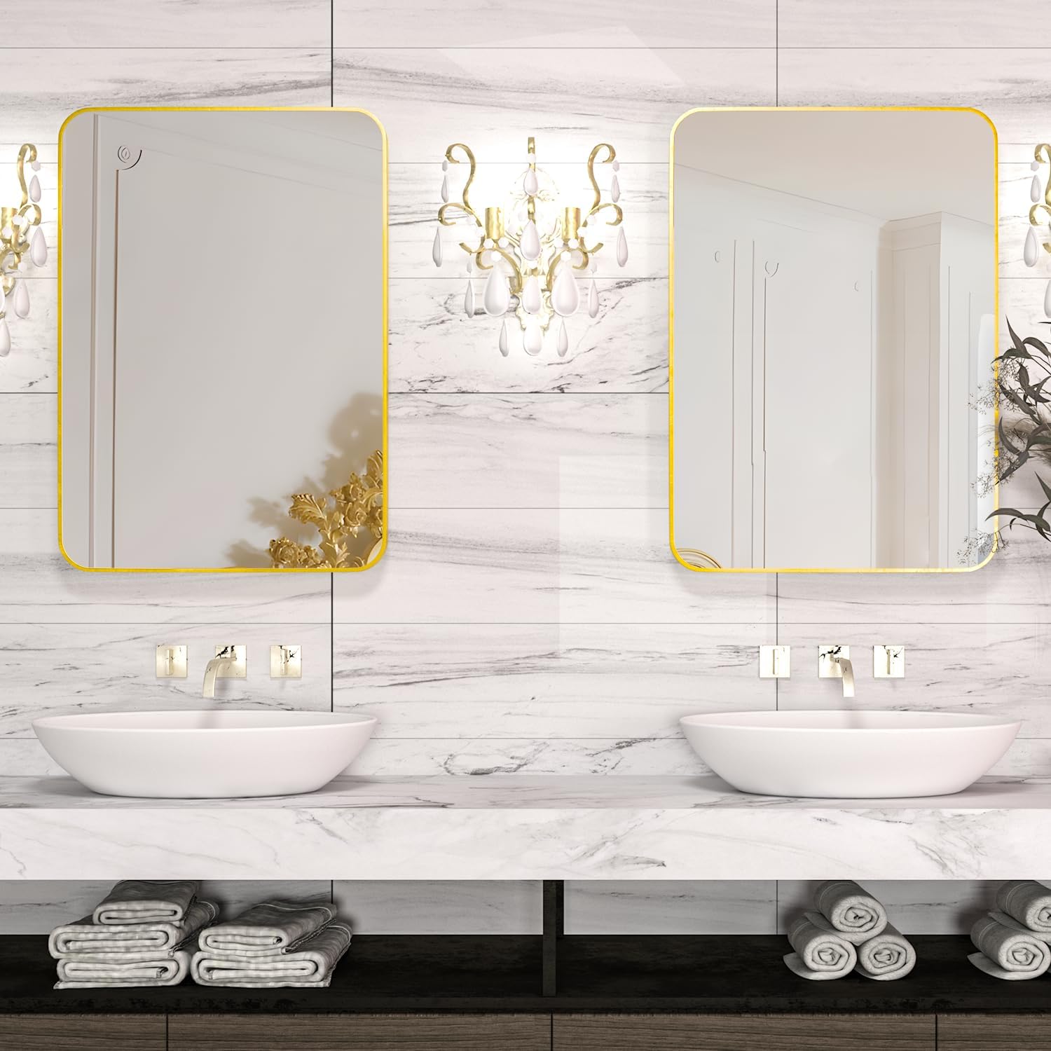 Manocorro Espejo de pared para baño, 20 x 28 pulgadas, espejo rectangular dorado con marco de aleación de aluminio, espejo colgante de esquina