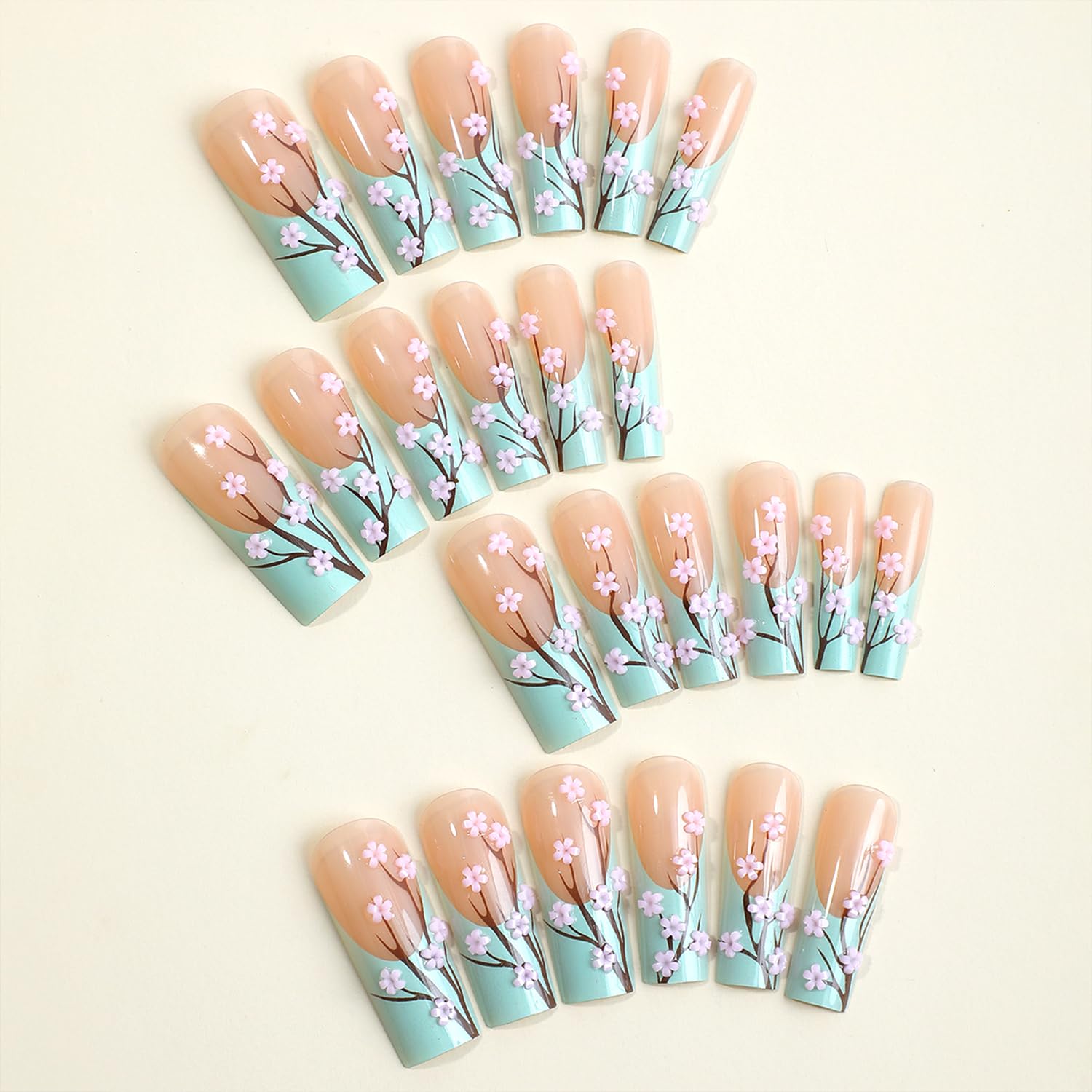 Uñas postizas a presión con punta francesa verde, uñas extralargas de bailarina, ataúd de bailarina, uñas postizas con flores rosas 3D, uñas