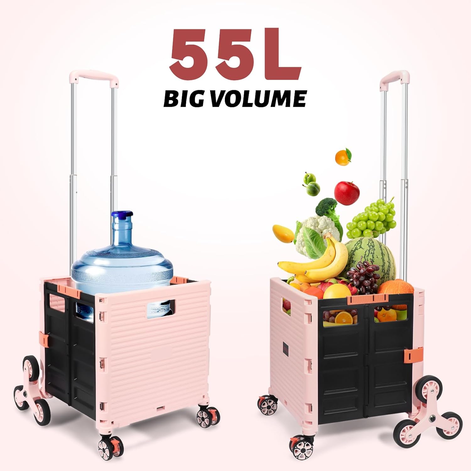 FELICON SELORSS – Carrito plegable portátil con ruedas para subir escaleras y ruedas giratorias de 360, mango telescópico, caja de plástico para