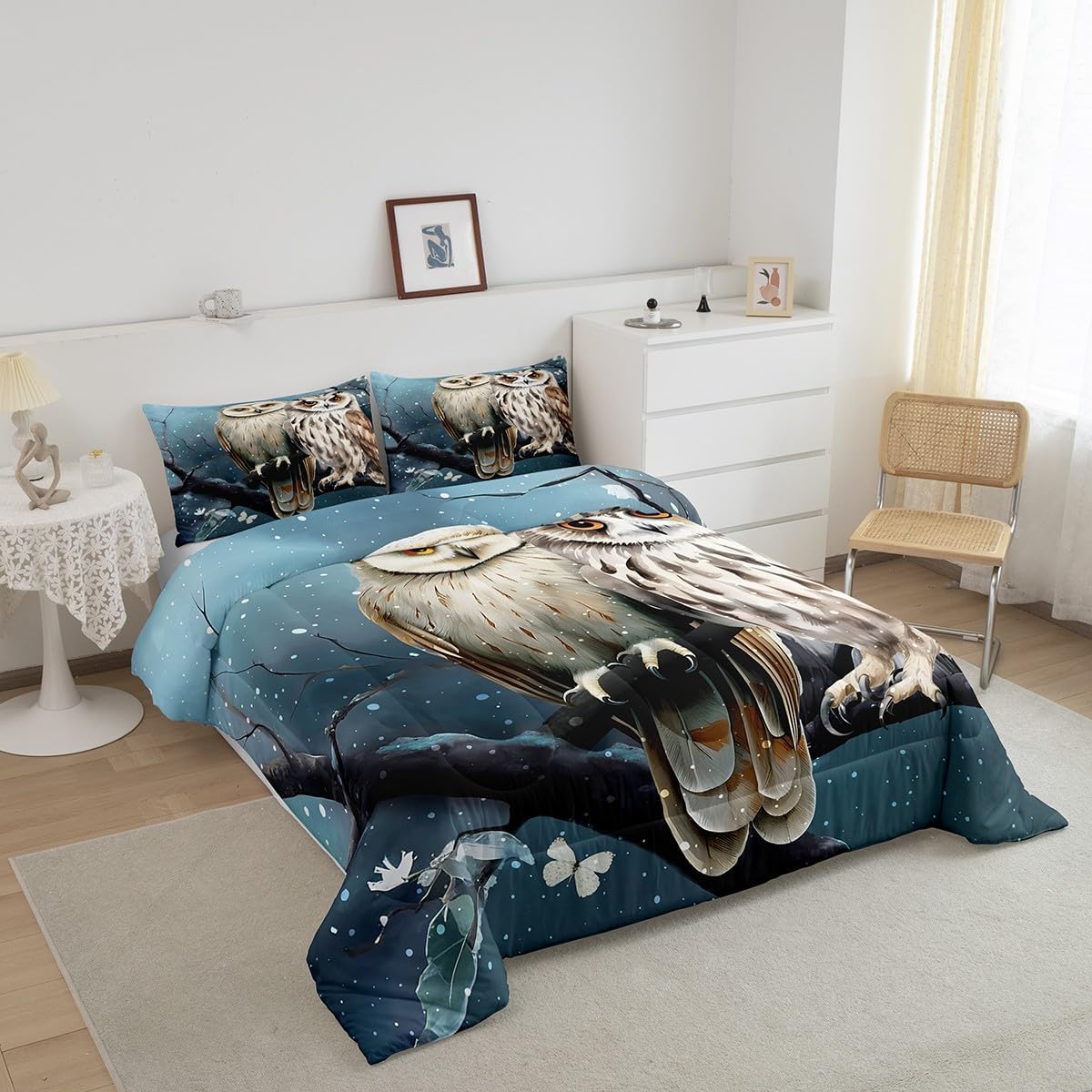 Feelyou Juego de ropa de cama con diseño de búho para niñas y niños con estampado de animales en 3D, juego de edredón decorativo con diseño de búhos