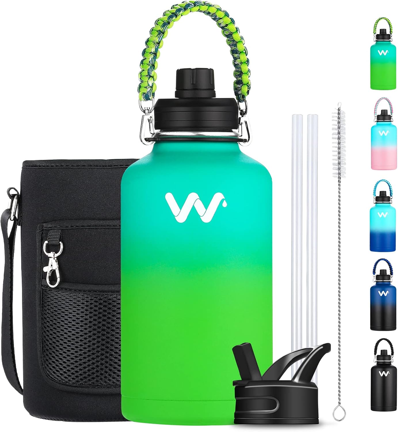 WEREWOLVES Botella de agua aislada con asas de paracaídas, correa, tapa de popote y tapa de boquilla, botella de agua reutilizable de boca ancha al