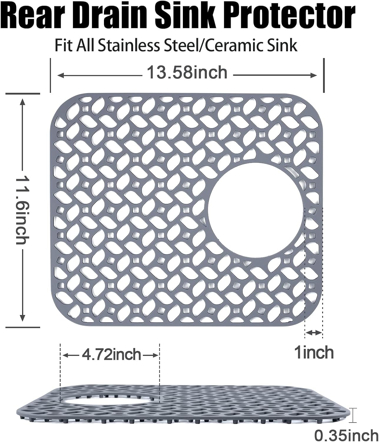 Juego de 2 protectores de silicona para fregadero de cocina de acero inoxidable, antideslizantes, resistentes a los arañazos (drenaje trasero, gris,
