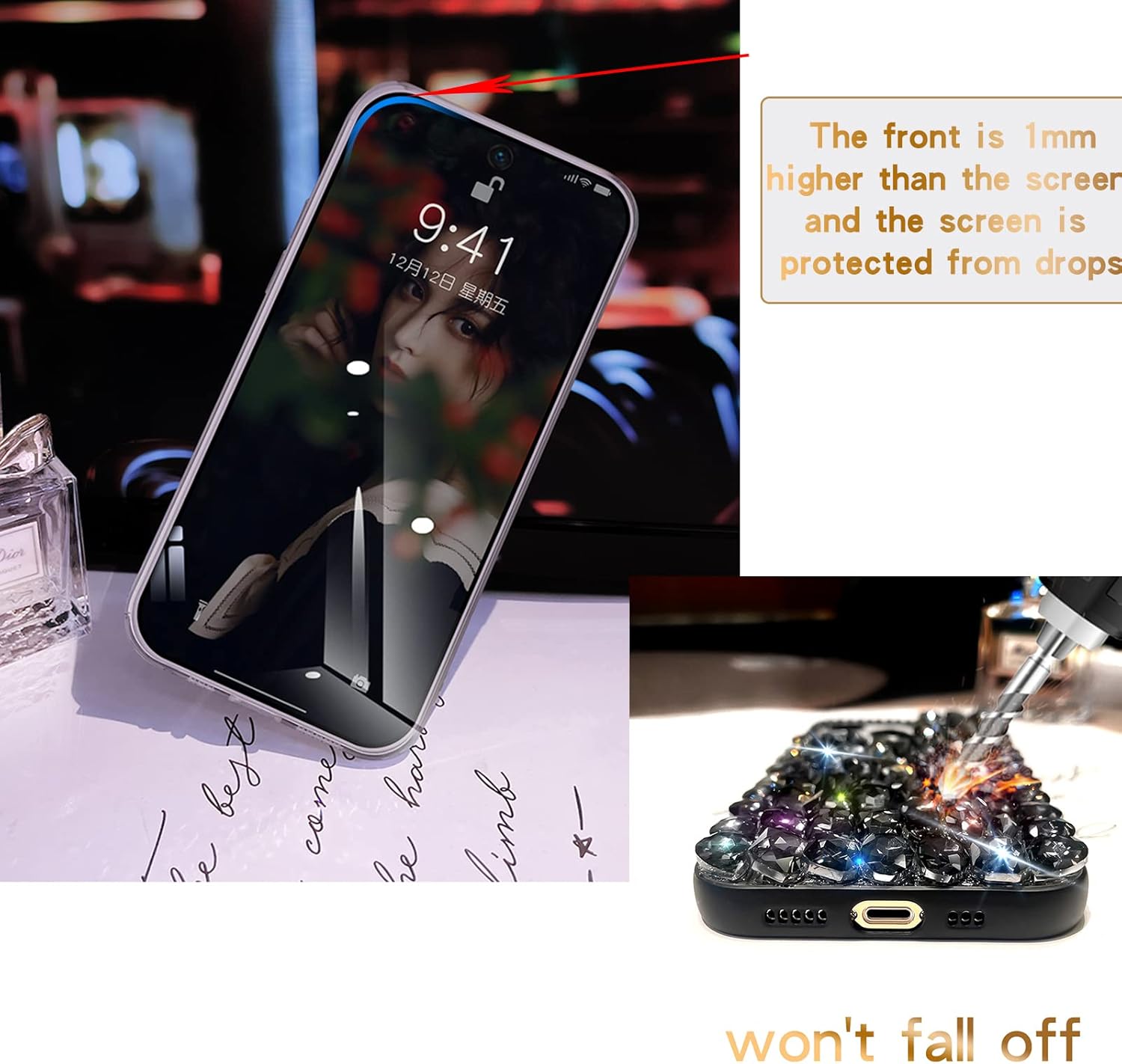 Cavdycidy Funda compatible con iPhone 15 Pro para mujer, funda de lujo muy brillante con diamantes de imitación de cristal brillante 3D con