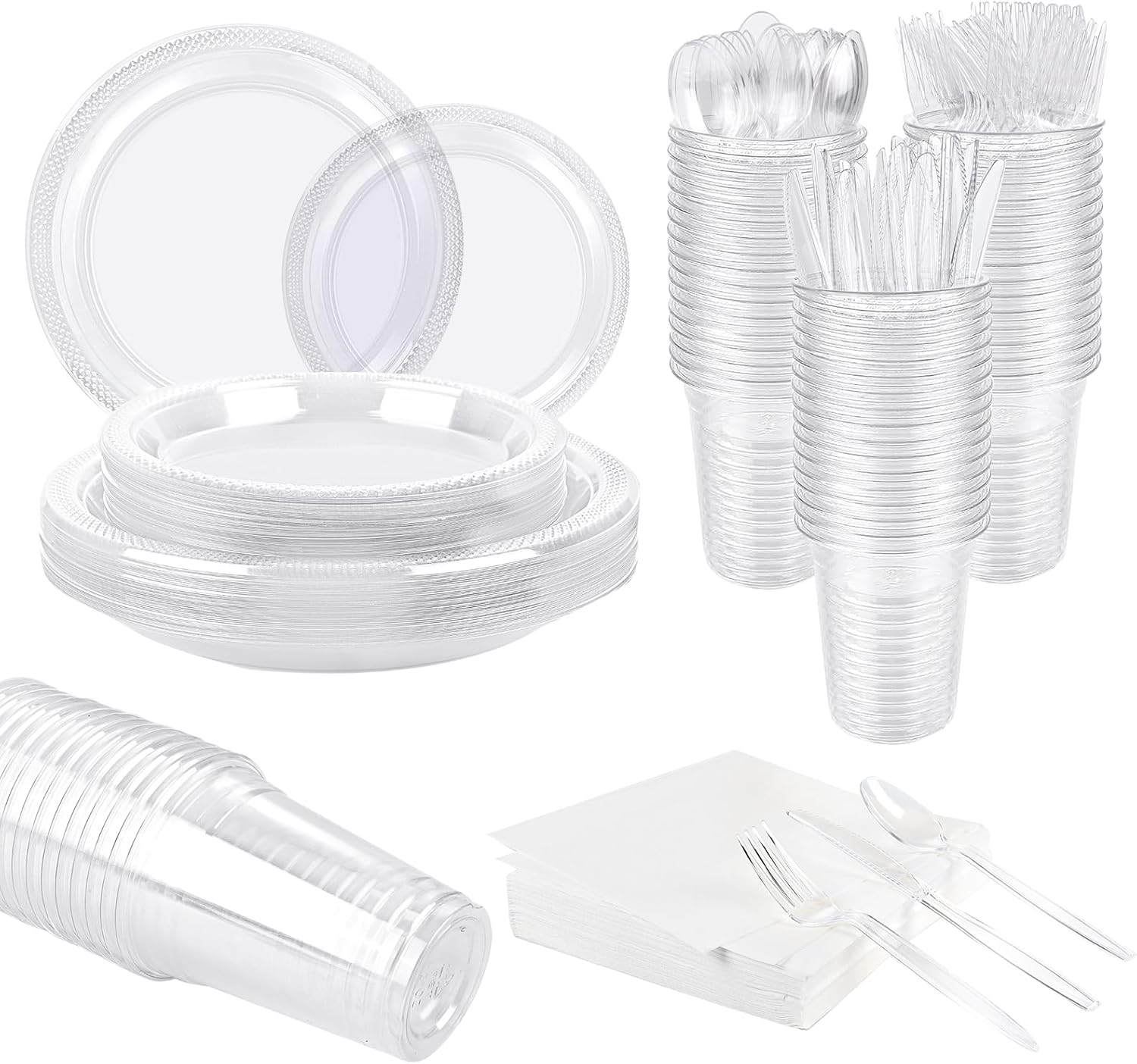 TWOWYHI 350 piezas de plástico transparente para 50 invitados, juego de vajilla de plástico transparente de 9 pulgadas y 7 pulgadas, platos de cena