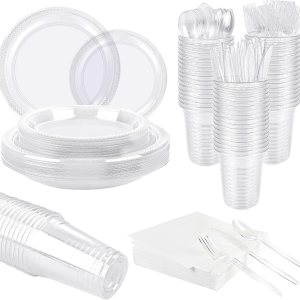 TWOWYHI 350 piezas de plástico transparente para 50 invitados, juego de vajilla de plástico transparente de 9 pulgadas y 7 pulgadas, platos de cena TWOWYHI 350 piezas de plástico transparente para 50 invitados, juego de vajilla de plástico transparente de 9 pulgadas y 7 pulgadas, platos de cena
