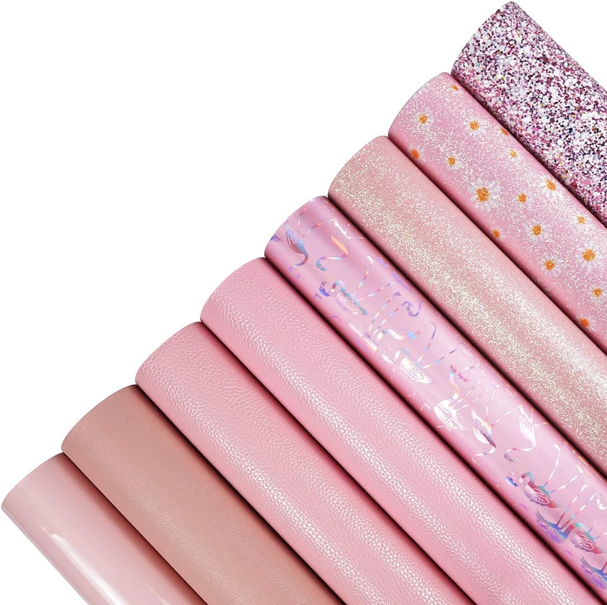 8 hojas de cuero sintético de 8 x 12 pulgadas, color rosa claro, margaritas finas y gruesas, patente metálica, Litchi, tela de cuero holográfica de