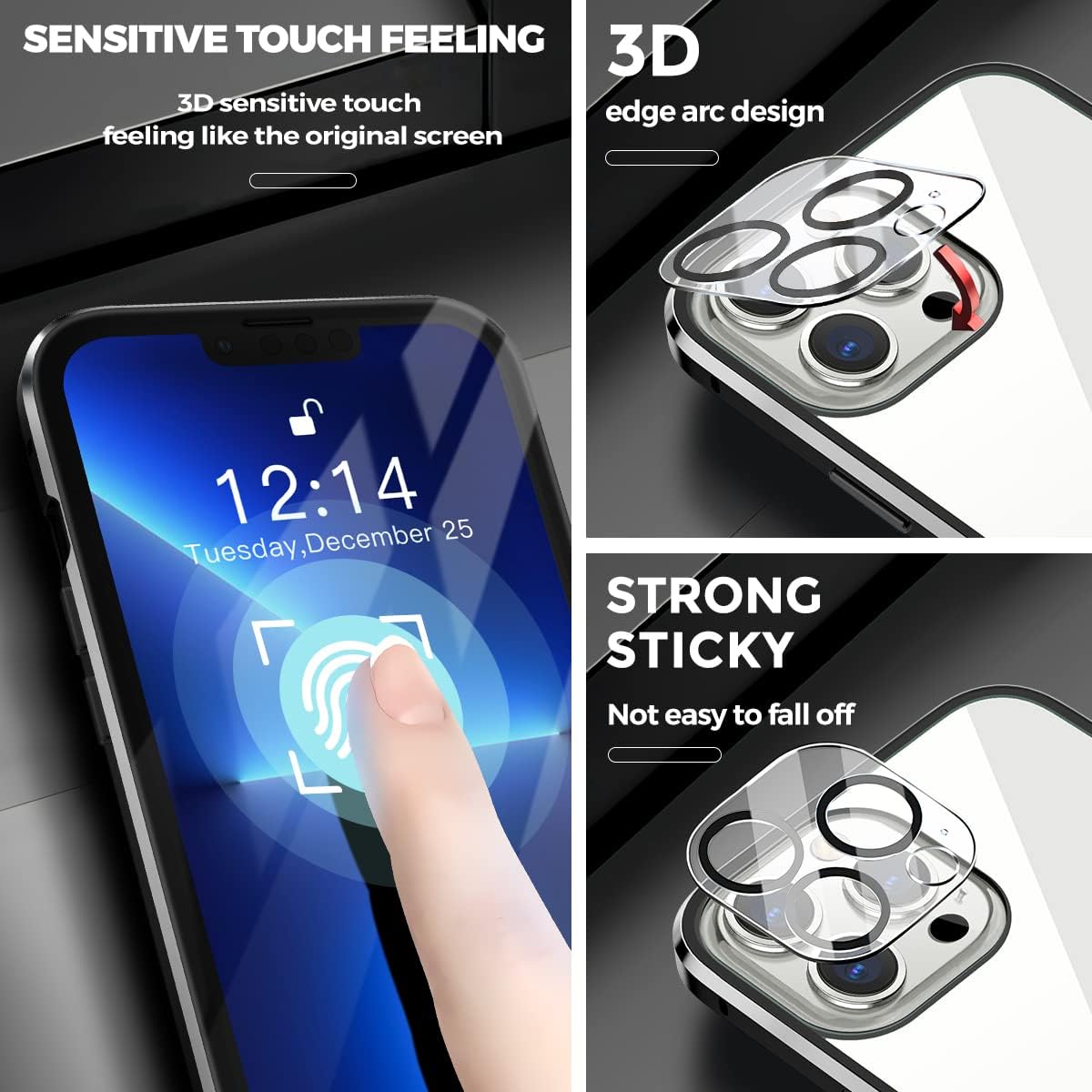 Reukdnv Funda magnética para iPhone 12 Pro, 100 % sensibilidad de pantalla, protector de pantalla antiespías, doble cara de vidrio 9H, para iPhone