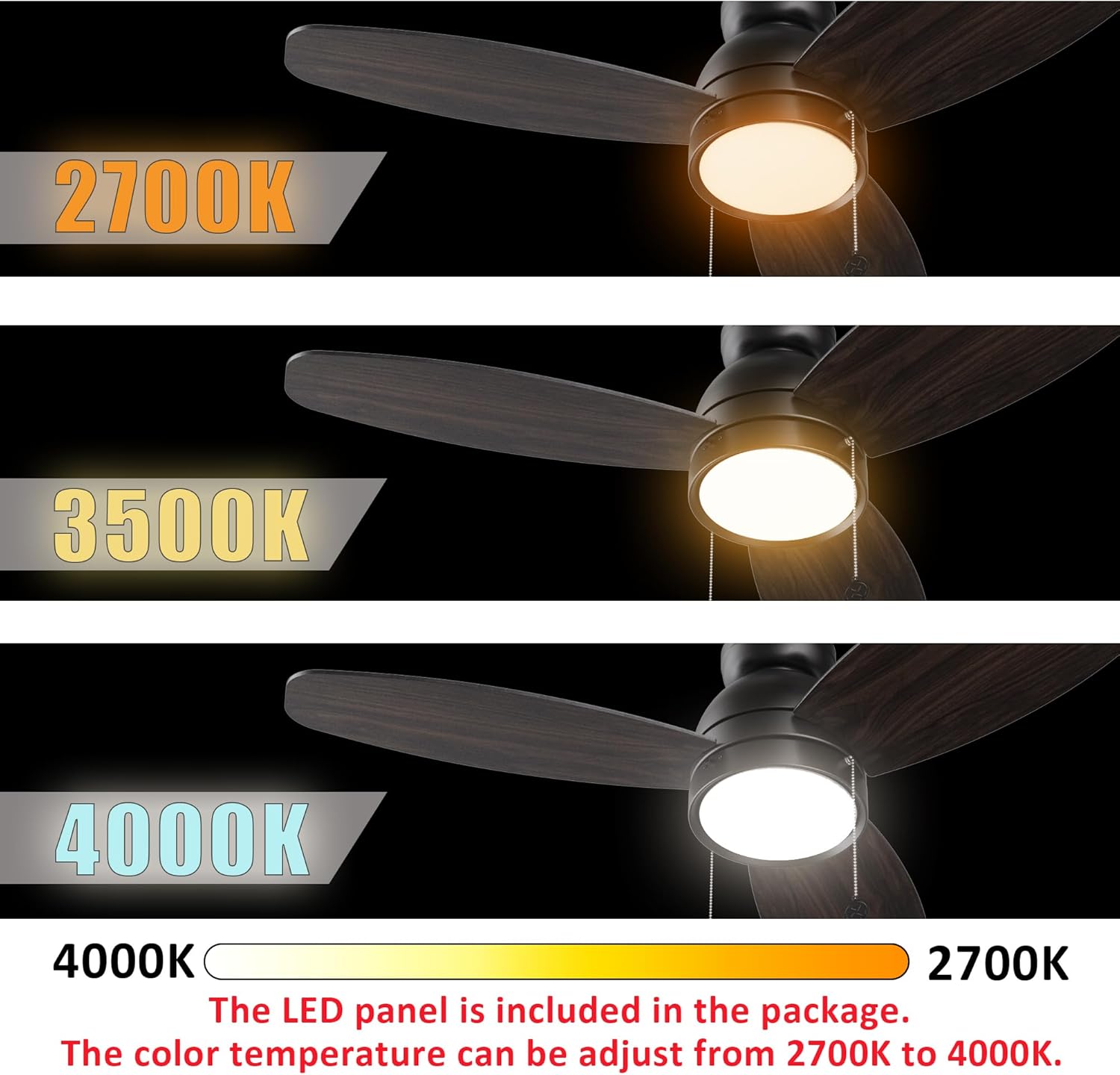 Ventiladores de techo negros de 48 pulgadas con luces, ventilador de techo CC reversible de 5 velocidades con cadena de tracción, 3 colores de luz