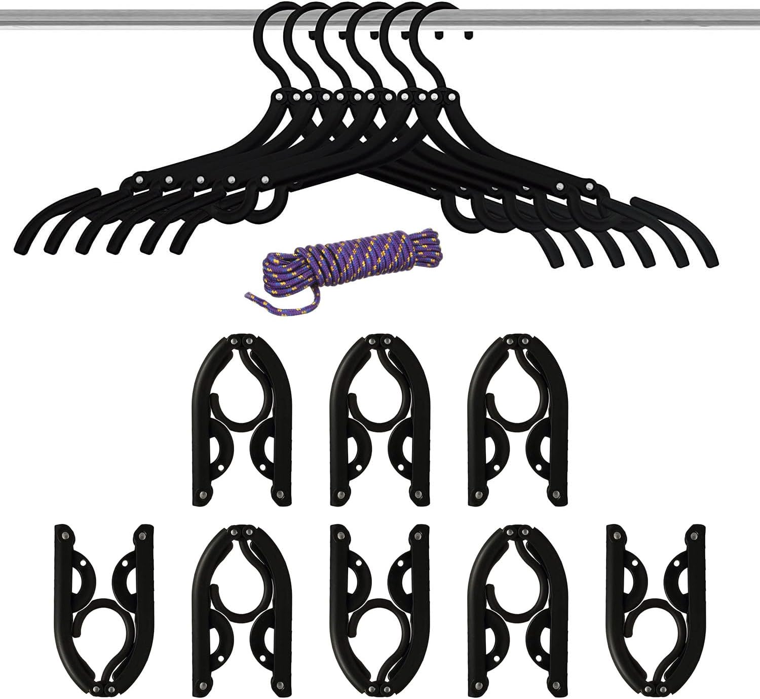 20 perchas de viaje plegables negras  Perchas de ropa plegables portátiles de carga ligera, accesorios de viaje de alto rodamiento, estante de