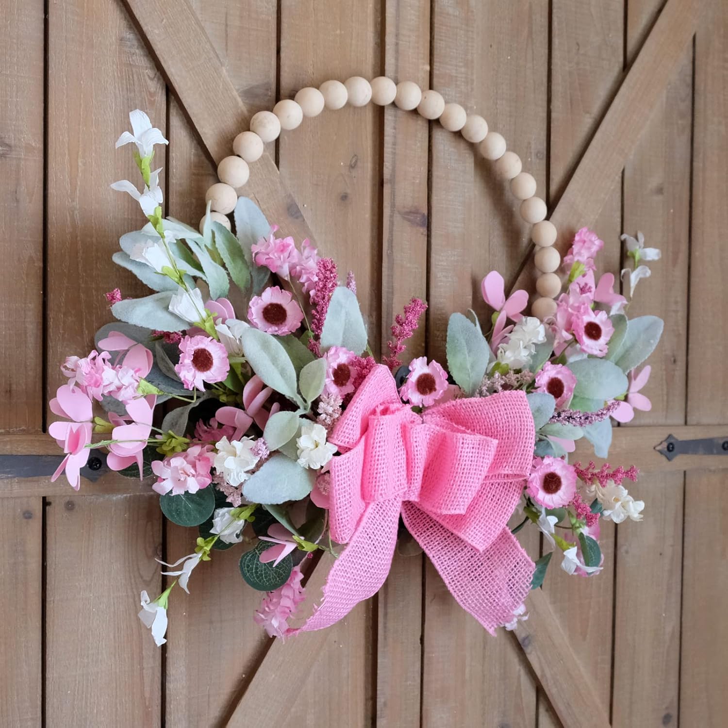 TEMPUS Corona de puerta con cuentas de madera de primavera de 16 pulgadas, margarita rosa, corona de lazo de arpillera, día de San Valentín,