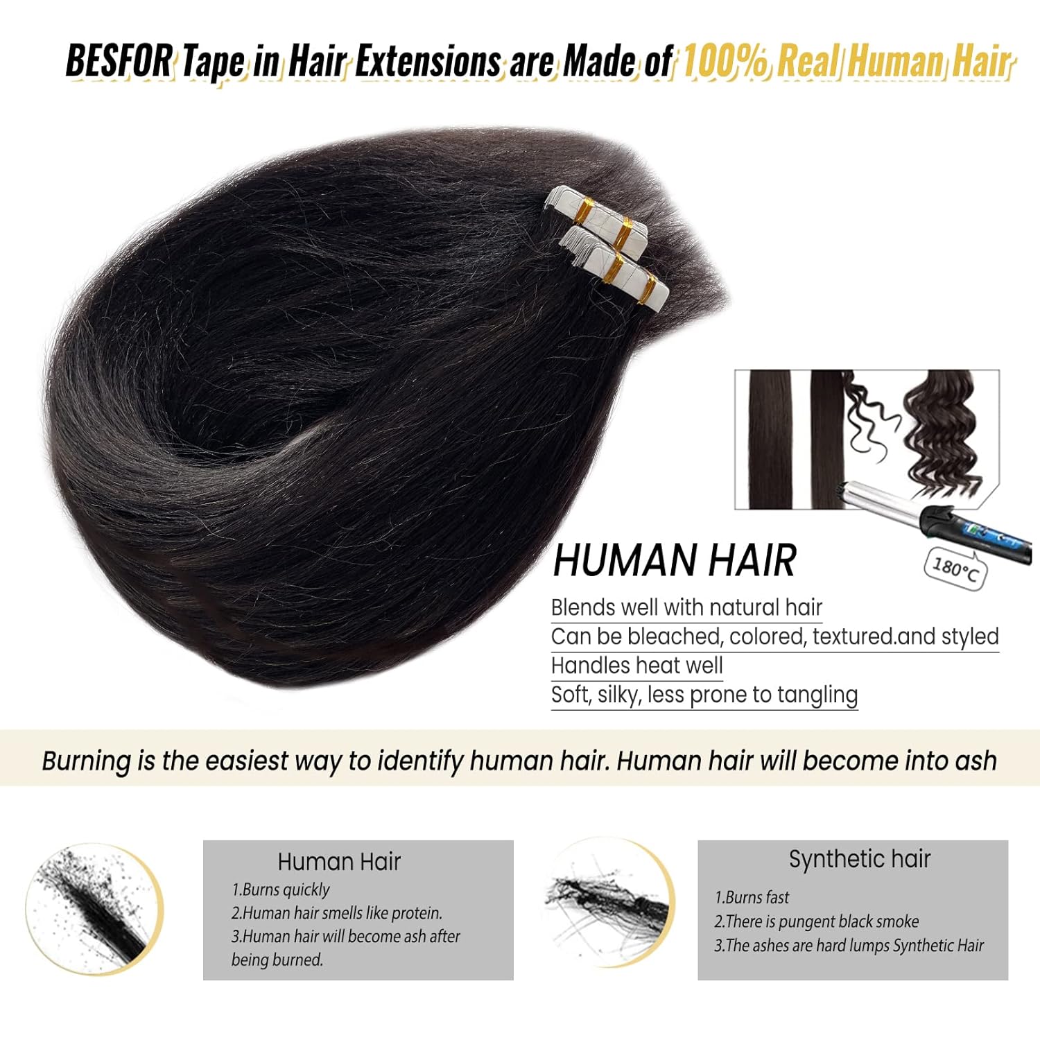 Yaki – Extensiones de cabello humano con cinta adhesiva para mujeres negras, 3.53 onzas, 40 unidades, color negro natural, extensiones de cabello